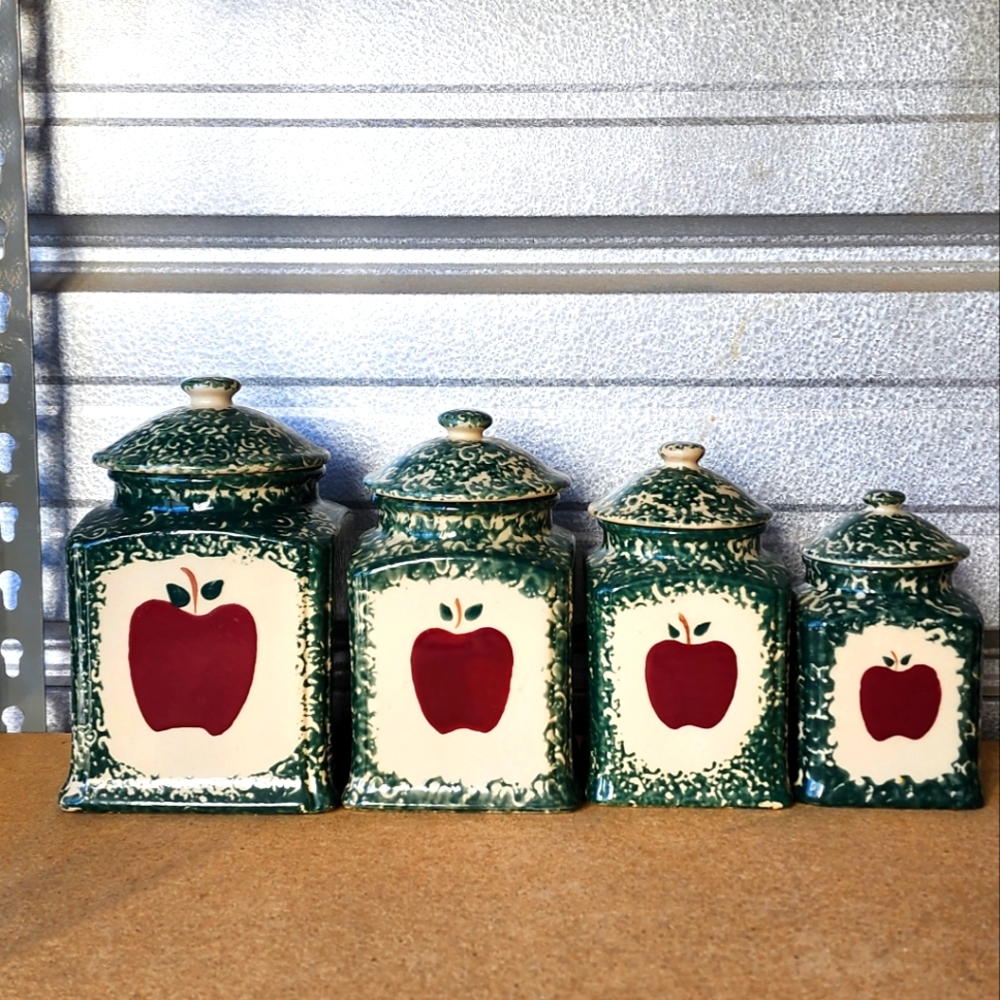 Vintage 4 Green with Apples Ceramic Canisters